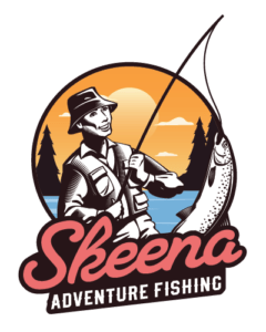 The logo for Skeena Adventure Fishing features an illustrated fisherman in a hat, holding a fishing pole with a salmon on the line. The background showcases a sunset with trees and water, while Skeena Adventure Fishing is elegantly written in cursive at the bottom. Skeena Adventure Fishing